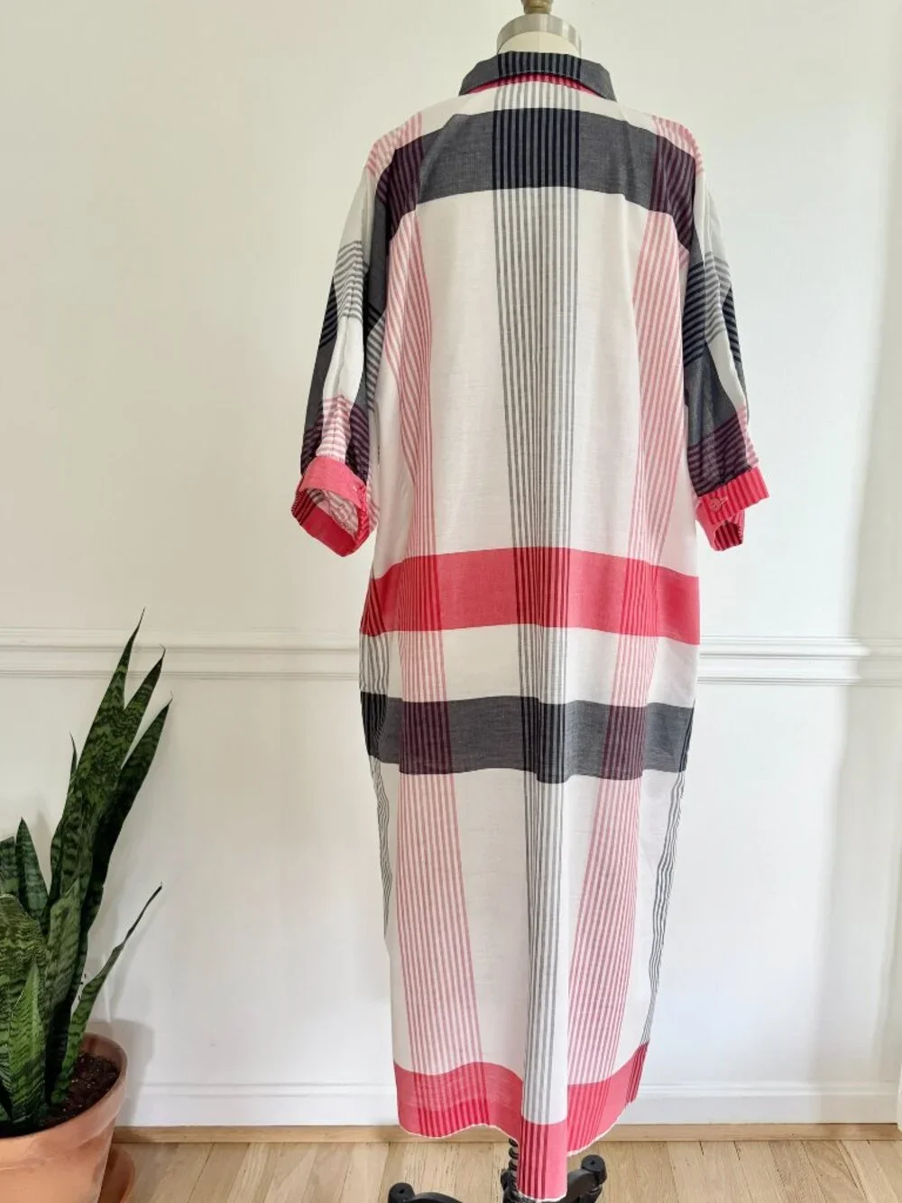 Vintage Plaid Shirt Dress Oversized Button Down Pink Gray White Casual - Picture 5 of 5